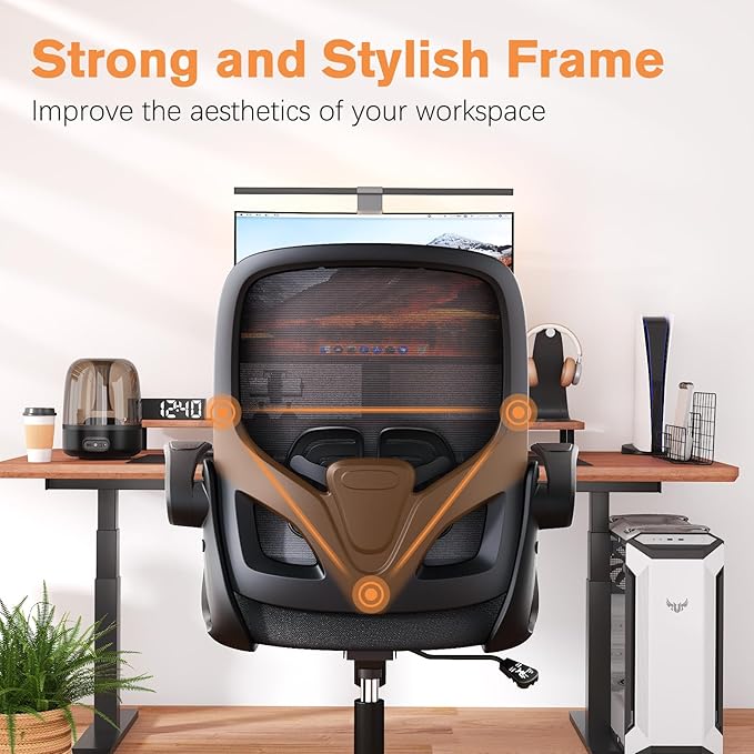 Home Office Desk Chair with Supportive Lumbar Support and Flip up Arms, Breathable Double Mesh Ergonomic Home Desk Chair for Home or Work with Extended Height(Black)