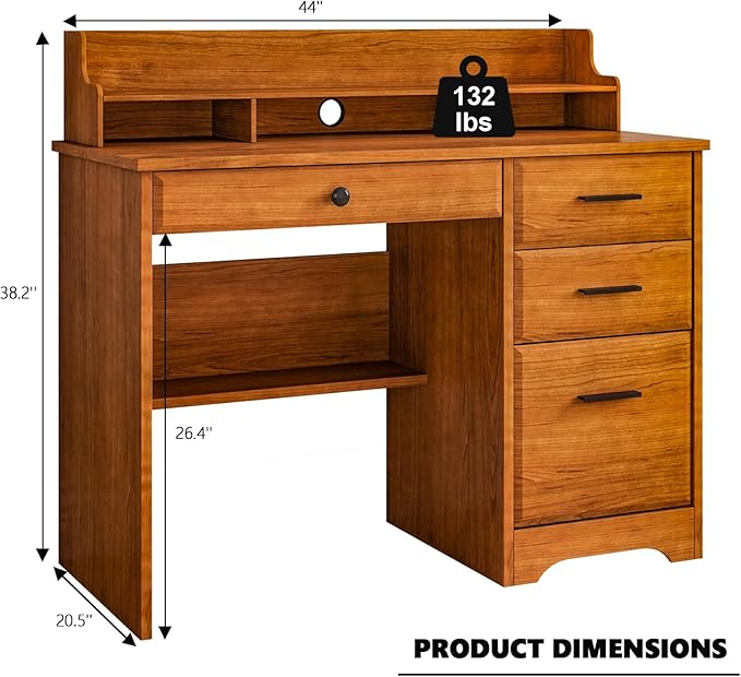 4 EVER WINNER Computer Desk with Drawers for Small Spaces, Home Office Desks with File Cabinet & Monitor Stand, Wood Desk Writing Study Table for Bedroom, Brown