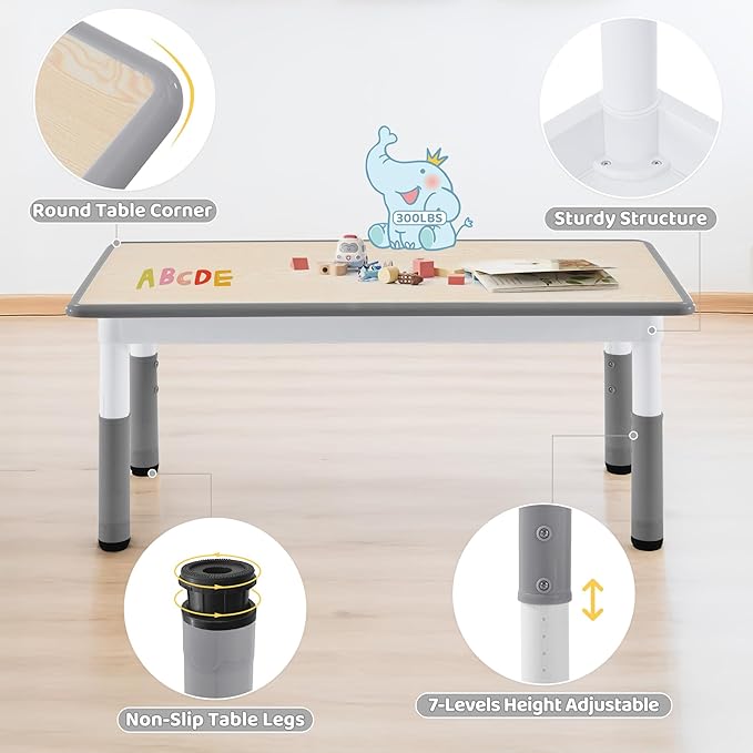Toddler Table, 7 Level Height Adjustable Kids Play Furniture for Ages 3-8, Rectangular Plastic, 23.6" W x47.2 L, Multi-Activity Desk with Graffiti Desktop for Home & Daycare