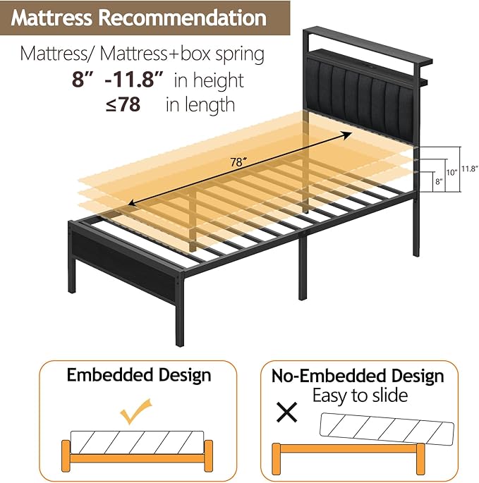 Furnulem Twin Size Bed Frame with Charging Station and LED Lights, Platform Bed with Metal Slats, Grey Upholstered Headboard with 2-Tier Storage Shelves, No Box Spring Needed