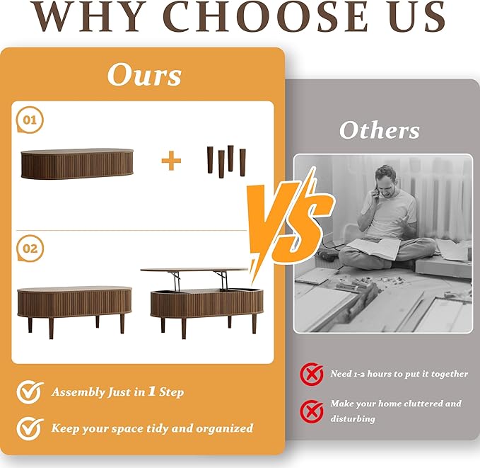 EAG Fluted Lift Top Coffee Table with Hidden Compartment, Modern Oval Coffee Table with Storage, Fully Wood Center Table for Living Room, Office, Walnut