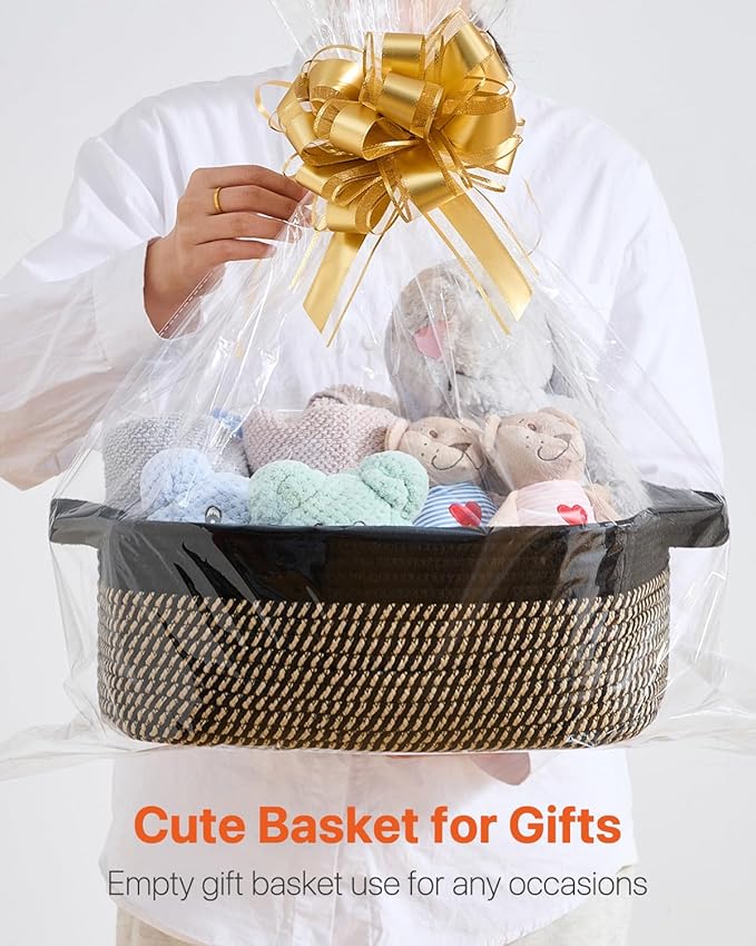 KALLAX Small Woven Basket, 14 x 10 x 5.6 Inches, Small Storage Baskets for Organizing, Gift Baskets Empty, Cute Rope Shelf Closet Storage Bins for Shelves, Dog Toy Basket, Black & Brown