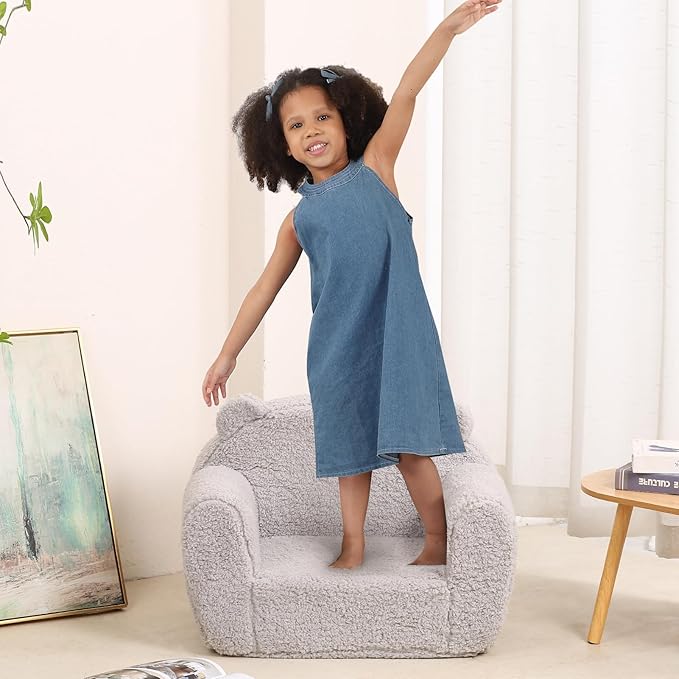 Kids Snuggly-Soft Sherpa Chair, Teddy Bear Cuddly Toddler Foam Chair for Boys and Girls, Grey