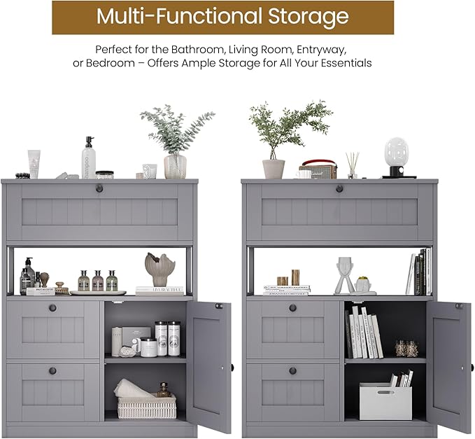 Bathroom Cabinet, Modern Bathroom Floor Storage Cabinet Organizer with 1 Door and 3 Drawers, Freestanding Cupboard for Kitchen/Living Room Use