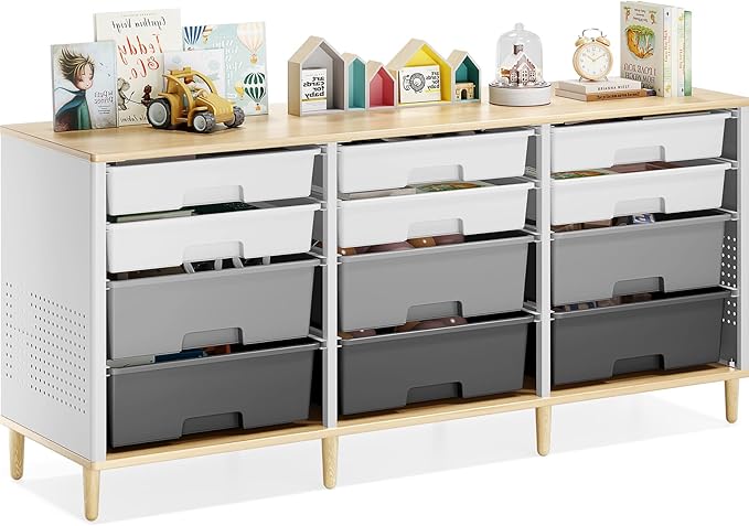 Storage Cabinet with 12 Drawers, Home Storage With Wooden Tabletop, Cube Storage Organizer for Living Room, Bedroom, Classroom, Office, Playroom, Craft Room, (Grey)