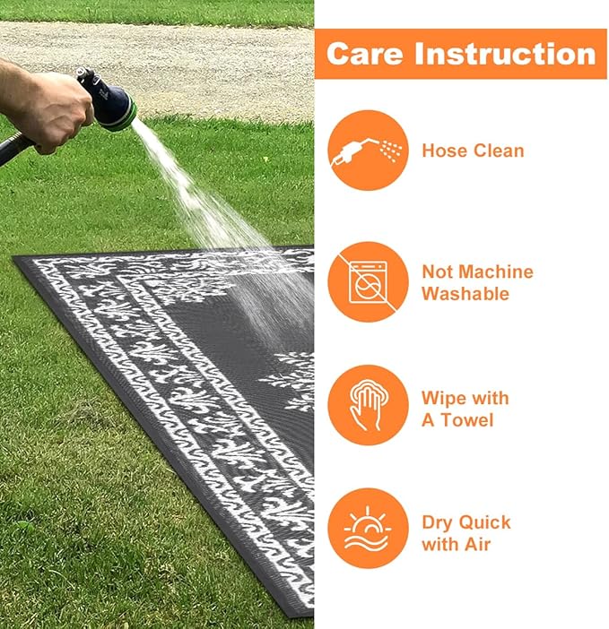 Yamaziot Outdoor Rug 8x10 Ft, Waterproof Reversible Plastic Straw Patio Rug, UV Resistant Portable RV Mat Clearance, Large Indoor Outdoor Rug for Patio, Porch, Deck, Balcony, Dark Gray