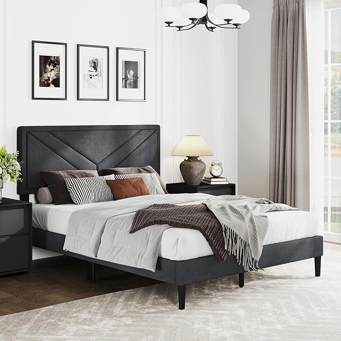 Giantex Full Size Platform Bed Frame, Modern Upholstered Bed Frame with Diagonal Channel Tufting, Wooden Slats Support, No Box Spring Needed, Gray