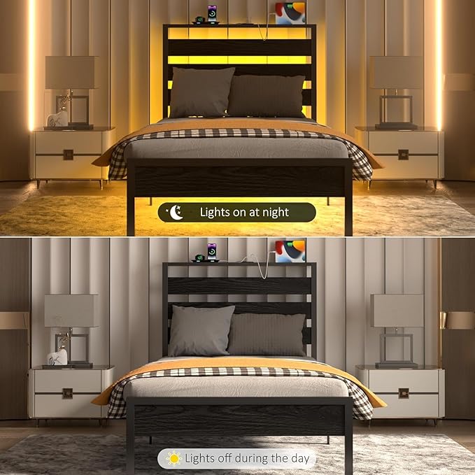 Twin Bed Frame with LED Lights & Charging Station, Storage Headboard, Heavy Duty Metal Slats, No Box Spring Needed, Noise-Free, Easy Assembly, Black
