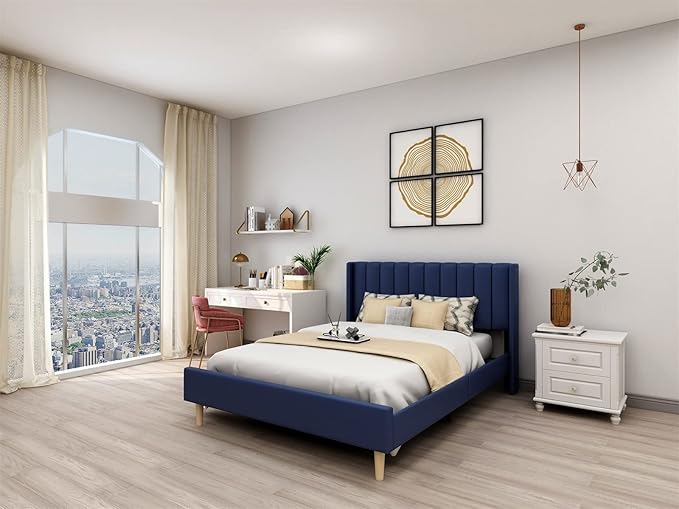 Low Profile Upholstered Platform Bed,Queen Beds with Dark-Blue(Linen)