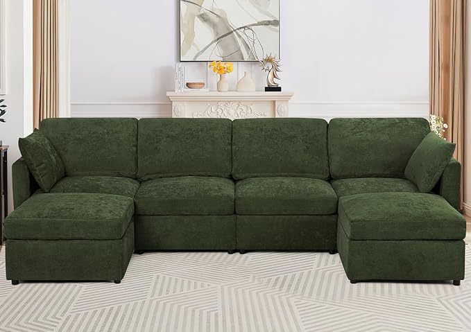 110” Chenille 4 Seats Sofa W/2 Movable Ottoman, Modern Fabric U-Shaped Couch with Soft Backrest, Upholstered Sectional Sofa with Armrest Pillows for Living Room, Office, Green