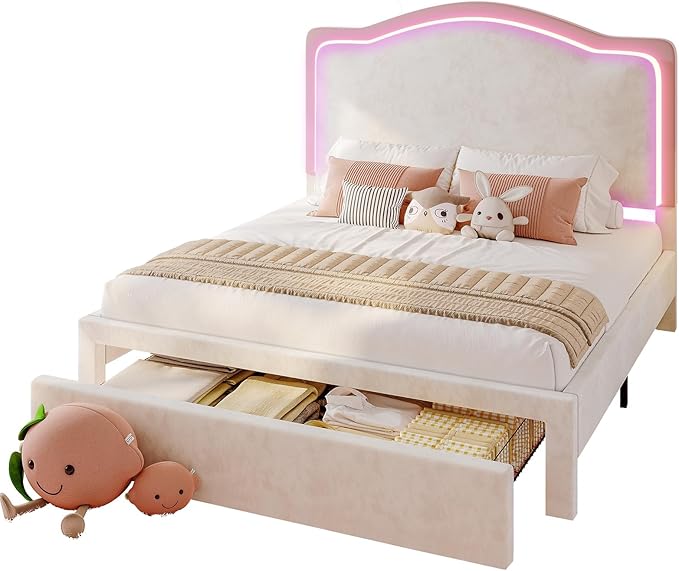 Jocisland Twin Bed Frame with 51" Tall & Thick Adjustable Headboard, Storage Drawer, RGB LED Lights, No Box Spring Needed, Velvet Upholstered, Cream
