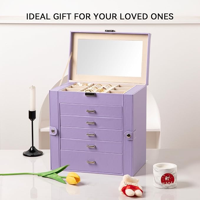Frebeauty Large Jewelry Box,6-Tier PU Leather Jewelry Organizer,Multi-functional Storage Case with Mirror,Accessories Holder with 5 Drawers for Necklace Bracelets Watches(Purple)