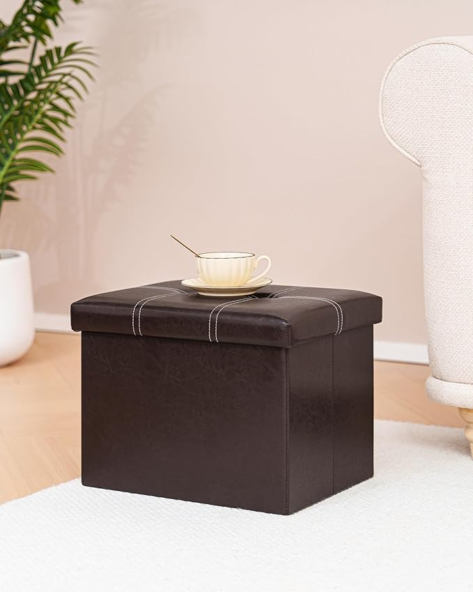 B FSOBEIIALEO Folding Storage Ottoman, Faux Leather Footrest Seat Coffee Table Toy Chest Kids, Brown 16.5"x12.6"x12.6"