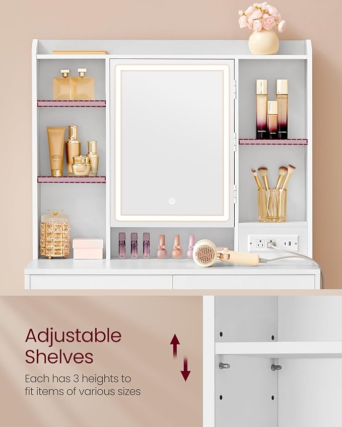 VASAGLE KAILYN Collection - Vanity Desk with Power Outlets, Makeup Vanity with Mirror and Lights, Upholstered Vanity Stool, LED Lights, 6 Compartments, 2 Drawers, for Bedroom, Cloud White URDT031W01