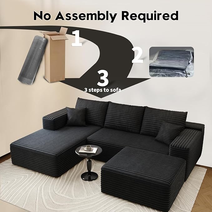 107.5" Cloud Sectional Couch with 1 Ottoman,Modern Modular Sofa with Deep Seat, Comfort U Shaped Sofa Couches for Living Room Bedroom Apartments,No Assembly Required, (Black,Left Facing Chaise)