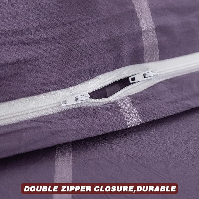 FACE TWO FACE Bedding Duvet Cover Set100% Washed Cotton Duvet Cover Linen Like Textured Breathable Durable Soft Comfy(Full, Purple Grid)