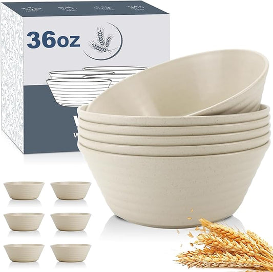 Wheat Straw Bowl Sets,6 PCS Unbreakable Cereal Bowl 36 OZ,Microwave and Dishwasher Safe Bowls,Soup Bowl Sets for Serving Soup,Oatmeal and Salad (Beige)