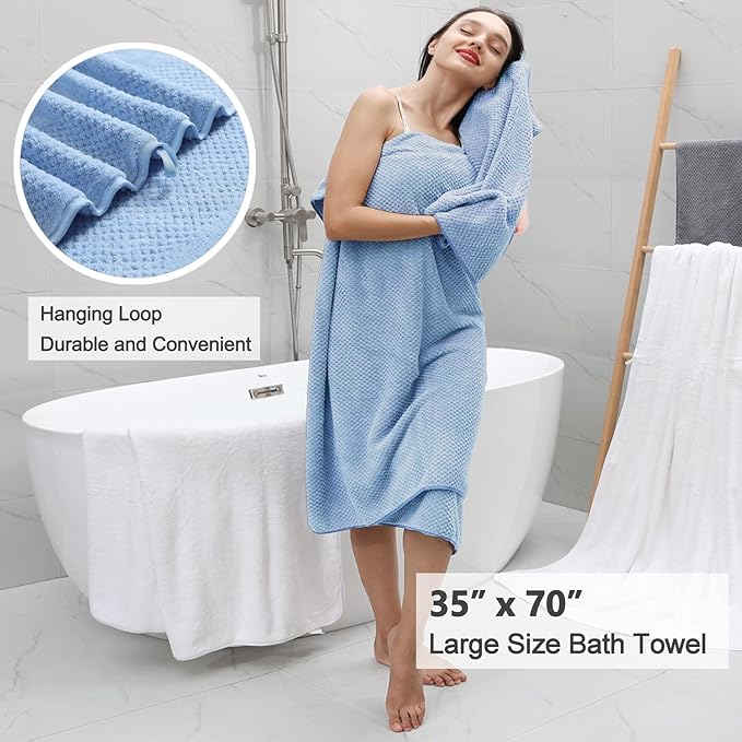 8 Piece Large Blue Family Bath Towel Set-2 Oversized Bath Towel Sheets,2 Hand Towels,4 Washcloths-600GSM Soft Highly Absorbent Quick Dry Beach Chair Towel Woven Towels for Bathroom Hotel and Spa