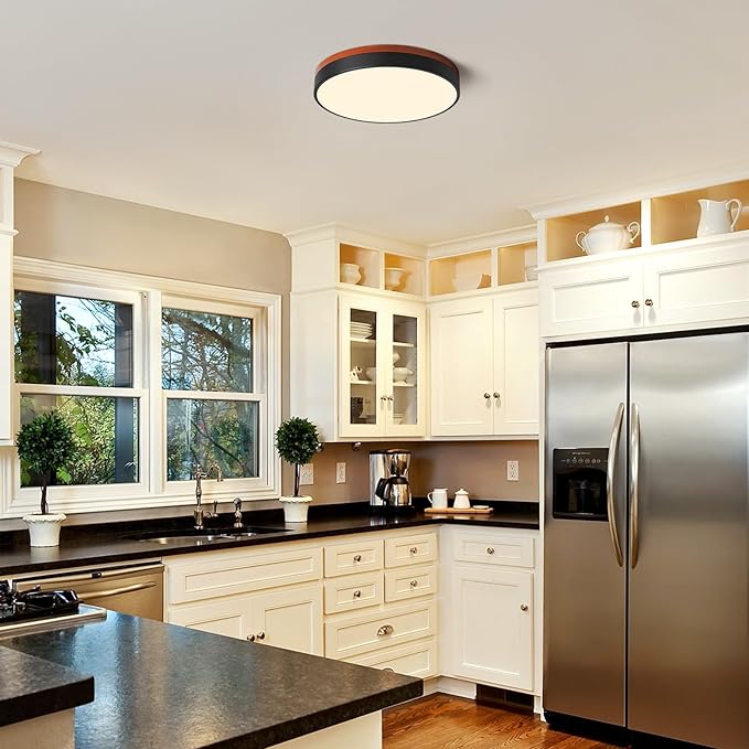 LED Dimmable Flush Mount Ceiling Light, Black and Wood, 5CCT in One, Minimalist Round Ceiling Lamp for Kitchen, Bedroom, Hallway, Living Room, 15.7 Inch