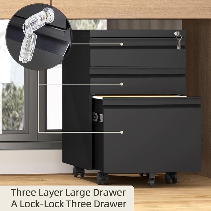 3 Drawer File Cabinet with Lock, Black Mobile File Cabinets for Home Office,Under Desk Small Filing Cabinet, Rolling File Cabinet for A4/Letter/Legal
