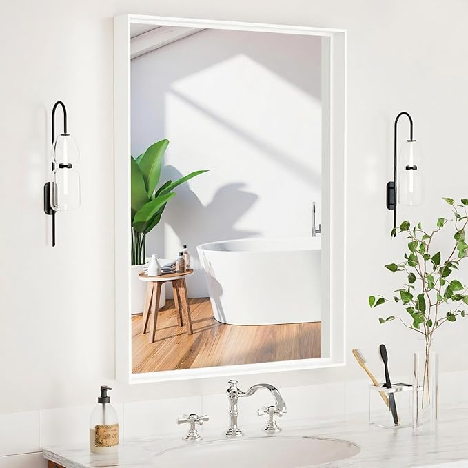 20x28 Inch Bathroom Mirrors for Over Sink, Rectangular Vanity Mirror, Matte White Framed Mirrors for Wall, Tempered Glass, Anti-Rust Home Decor Mirror(Horizontal/Vertical)