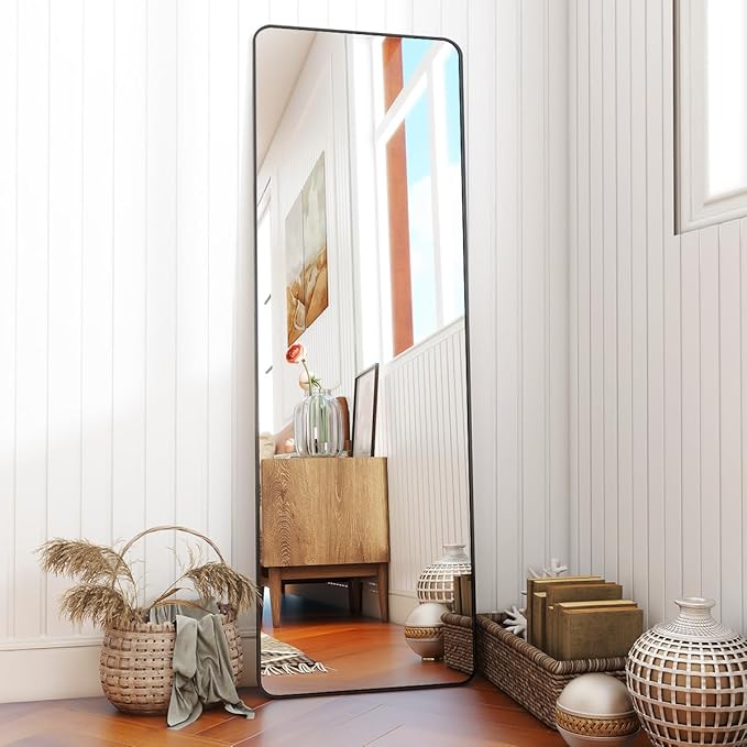 BEAUTYPEAK 59"x16" Mirror Full Length, Standing or Leaning Rounded Corner Full Body Floor Mirror with Metal Framed,Suitable for Living Room or Bathroom,Black