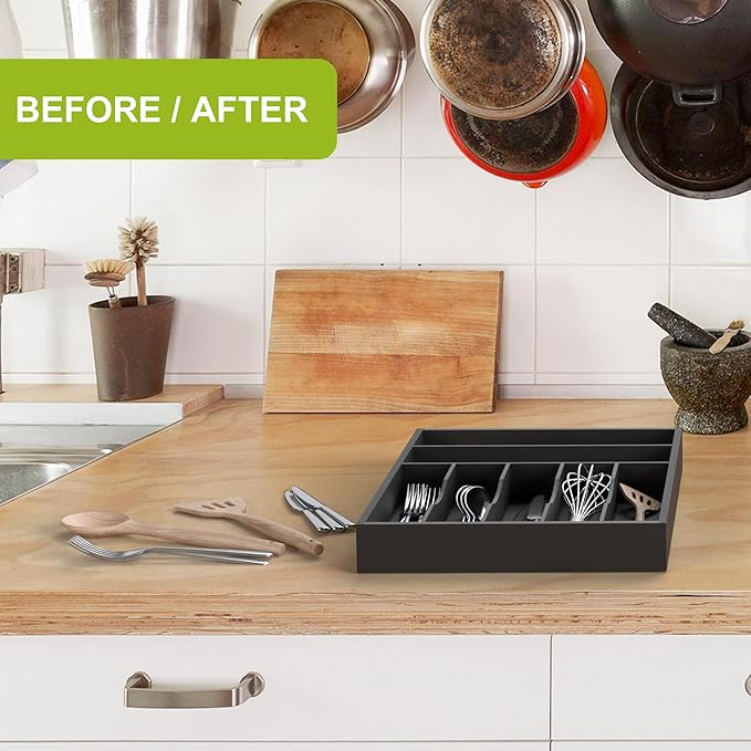 Sliverware Organizer, Bamboo Kitchen Drawer Organizer, Flatware Organizer Tray Holder for Sliverware, Utensil & Cutlery (7 Slots, Black)