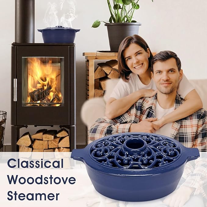 Wood Stove Steamer, Cast Iron Humidifier for Stove, Home Indoor Decorative, Blue Finish, Rust Resistant, Lattice Top, 2.5 Quart Capacity, Patented