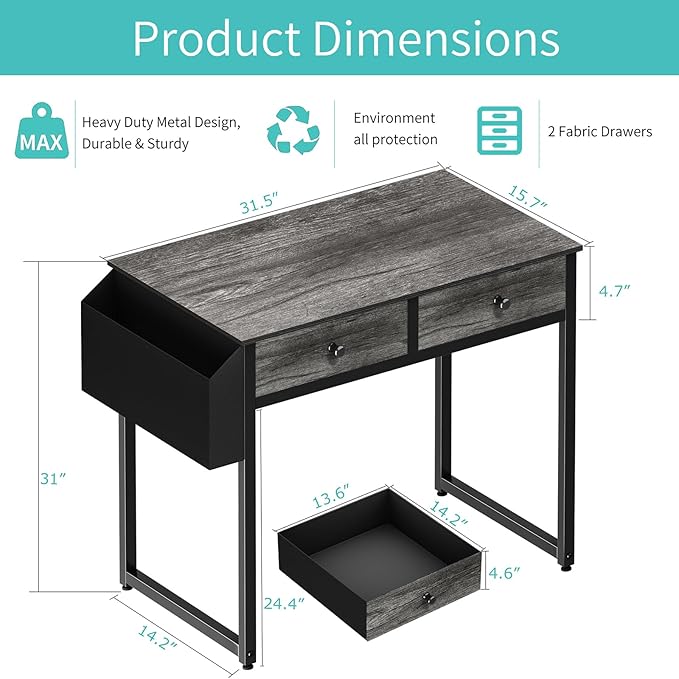 Lufeiya Small Desk with Drawers - for Bedroom, 32 Inch Home Office Computer Desk with Fabric Storage Drawer and Bag, Study Writing Table for Small Spaces, Gray