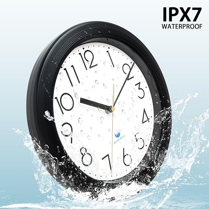 Caysie 11 Inch Sealed Indoor Outdoor Waterproof Wall Clock, Durable Silent Non-Ticking Battery Operated Quality Quartz Round Clock, Wall Decorative for Patio, Pool, Bathroom (Black)