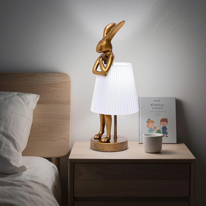 Rabbit Lamp, Bunny Desk Light with Pleated Shade, Big Face Novelty LED Night Light, Cordless Rechargeable Battery Operated, Whimsical Art Deco Home Office Decor Gift for Bedroom, Kids Room
