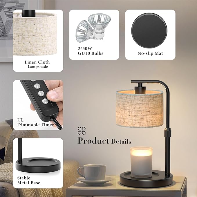 Candle Warmer Lamp with Timer Dimmer, Height Adjustable Black Electric Candle Warmer Wax Heater with 2 Bulbs, Birthday Gifts for Women Her, Mom, House Warming Gifts New Home