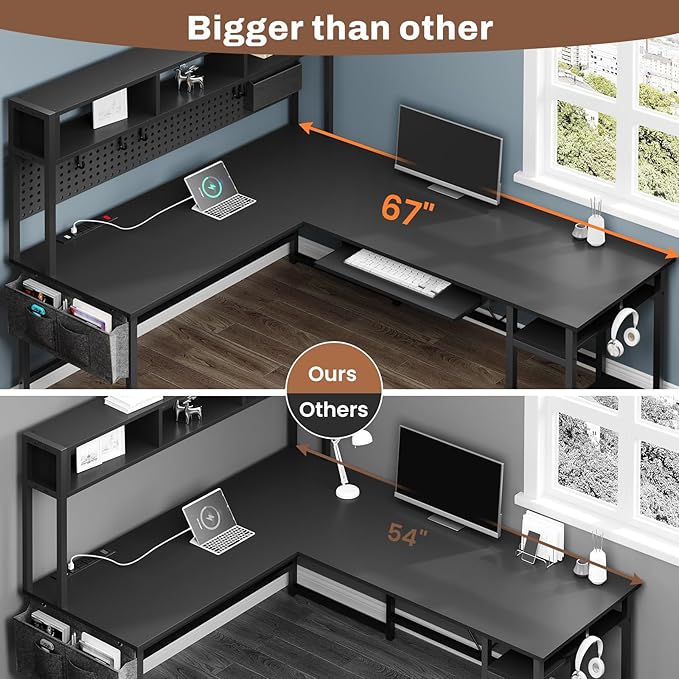 SEDETA L Shaped Gaming Desk, Reversible Computer Desk with Power Outlet and Pegboard, Gaming Desk with Led Lights, Keyboard Tray and Storage Bag for Home Office, Black