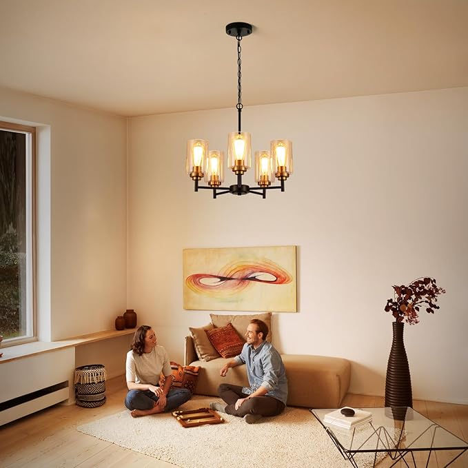 9MMML 5 Lights Glass Chandelier,Modern Kitchen Island Lighting Black and Gold Metal Dining Room Light Fixture for Living Room Foyer,E26