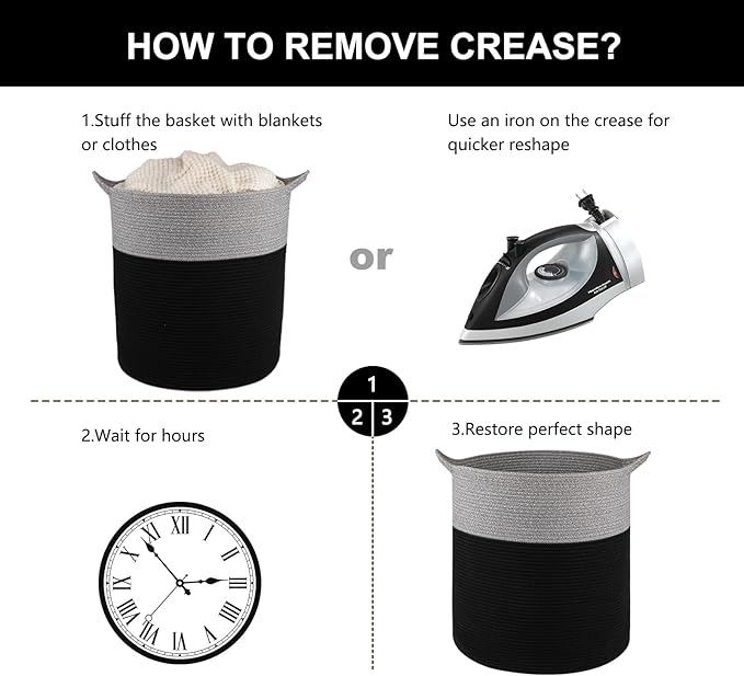 Laundry Basket, 100L Large Laundry Hamper, Tall Woven Rope Storage Basket for Blanket Toys Pillows Towels, Baby Nursery Hamper Bin for Living Room, Bedroom (Black & Grey)