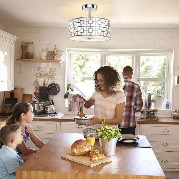 DLLT Flush Mount Ceiling Light: Modern 3-Light Brushed Nickel Kitchen Light Fixture - Drum Lighting Fixture for Dining Room - Silver Bedroom Ceiling Lamp with Double Shade