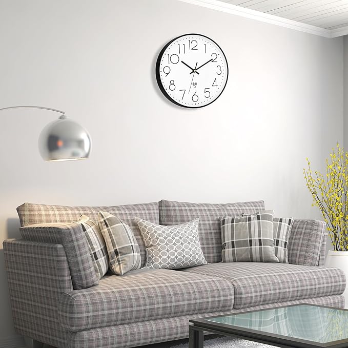 Foxtop Atomic Wall Clock Battery Operated Round Analog Modern Wall Clock Sets Automatically for Office Classroom Bedroom Kitchen Living Room (Black)