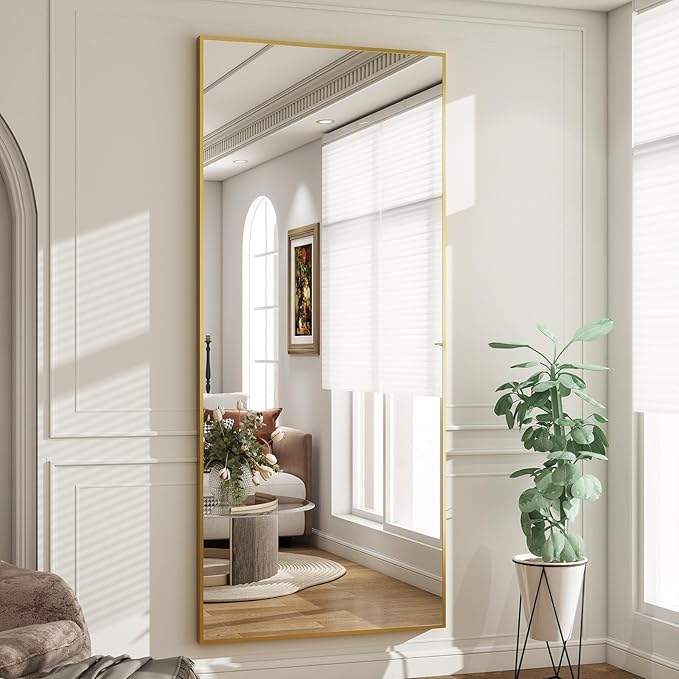 BEAUTYPEAK Full Length Mirror with Stand, 65"x24" Floor Mirror with Aluminum Alloy Thin Frame, ShatterVue Tempered Full Body Mirrors, Free Standing or Wall-Mounted Mirrors for Living Room, Gold