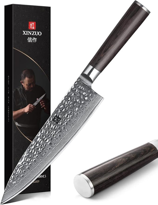 XINZUO 8 Inch Hammered Damascus Chef Knife,67 Layers Damascus Steel Kitchen Knife,Professional Japenese Chef Knife with Gift Box, Dark Brown Pakkawood Handle, Razor Sharp-He Series