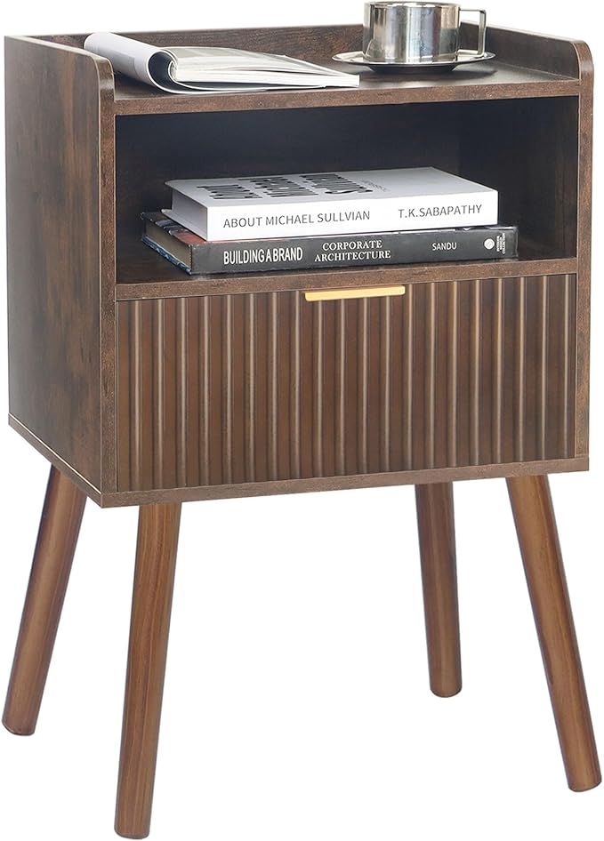 AWASEN Mid Century Modern Nightstand, Wood Bedside Table with Fluted Drawers, Rustic Night Stand Bed Side Table with Solid Wood for Living Room, Bedroom, Office and Small Space (Rustic Brown)