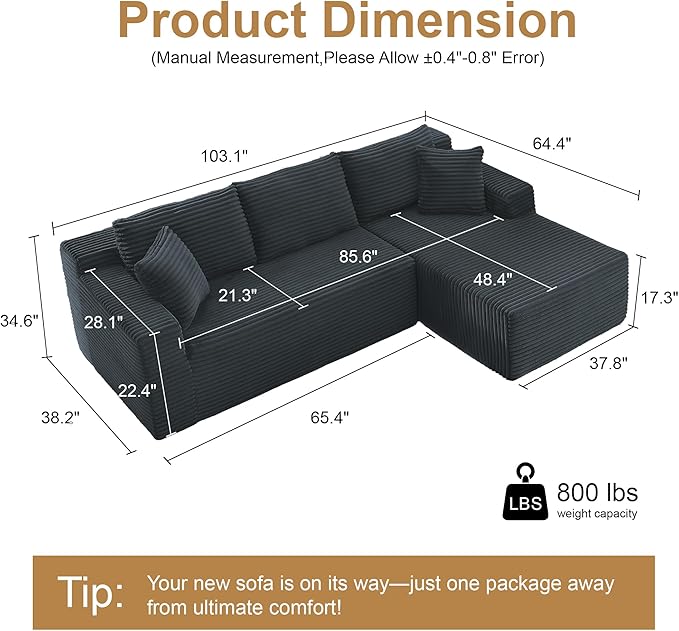 105''Sectional Cloud Couch with L Shaped Chaise,Modern Modular Sectional Sofa,Comfy Sectional Couches for Living Room,Bedroom,Apartment (Dark Grey, Right Facing Chaise)