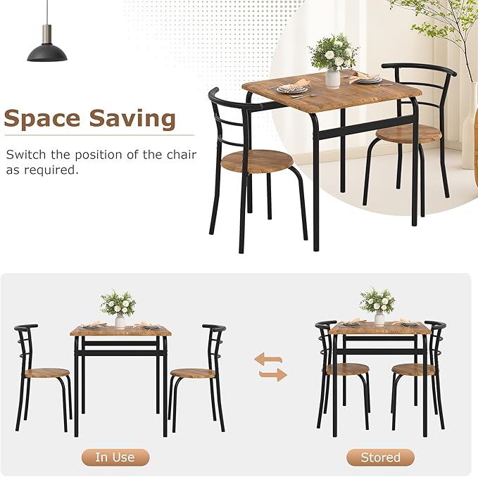 VECELO 3 Piece Dining Table & Chairs Set for 2, Metal and Wooden Square Kitchen Dinette Set for Small Space, Breakfast Nook, Saving Space, Brown