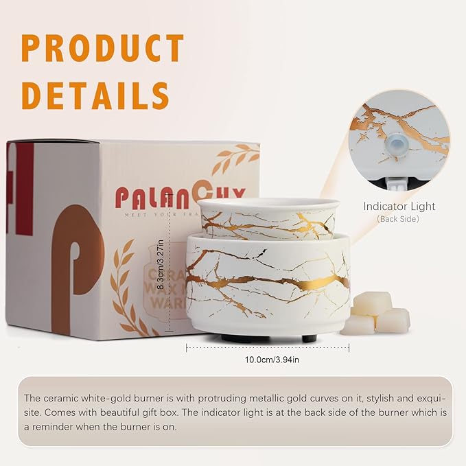 PALANCHY Candle Warmer Lamp with Timer, Ceramic Wax Warmer for Scented Wax, Gold Marble Oil Burner for Scented Oil, Wax Melt Warmer Electric, Candle Melter with Timer and Auto Shut Off, Candle Melter