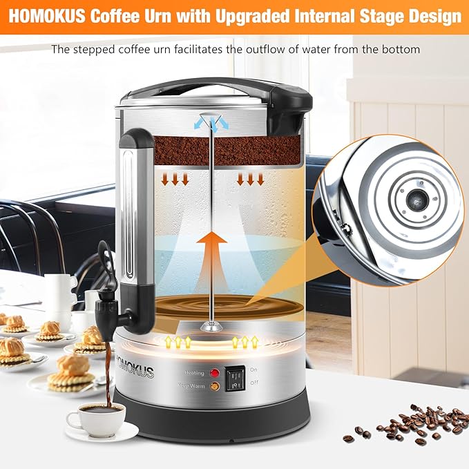HOMOKUS Commercial Coffee Urn,14.2L Large Coffee Maker,100 Cup Double Wall Stainless Steel Coffee Dispenser,1500W Quick Brew Electric Coffee Percolator with Upgraded Internal Stage for Gathering