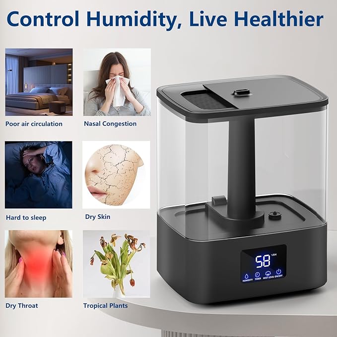4L Top Fill Humidifiers for Bedroom & 60H Runtime - Cool Mist Humidifier, 3 Mist Levels, 8H Timer, Essential Oil Tray, Humidity Display, Quiet for Bedroom, Baby, Plants, Large Room