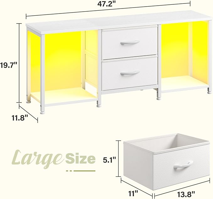 White TV Stand with LED for TVs up to 55 Inch, Coffee Table with 2 Fabric Drawers and 2 Open Storage Shelves, Entertainment Center TV Console for Living Room, Bedroom, Wood Top, Metal Frame