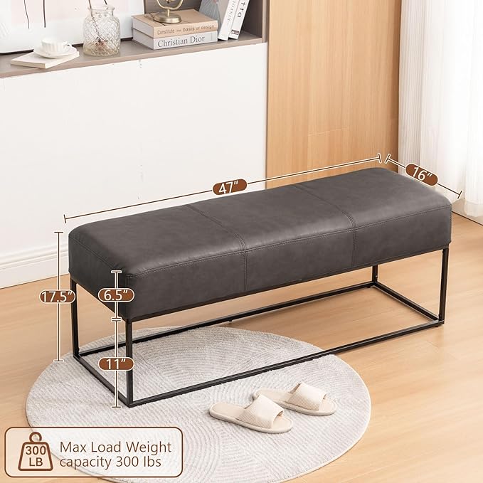 Leather Entryway Bench, Modern Long Leather Ottoman Bench Seat with Metal Frame, 47'' Upholstered Bedroom Bench for Living Room Entryway Window, Vintage Black