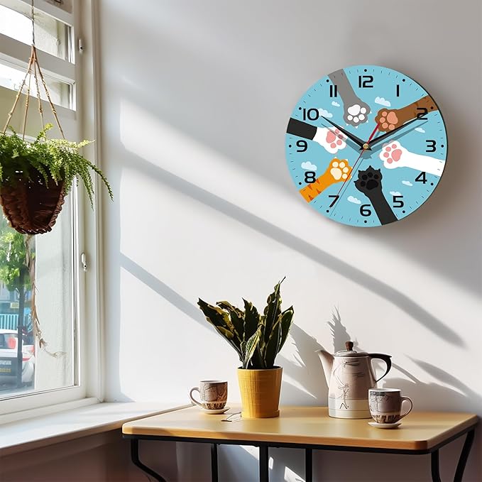 Wall Clock, 10 Inch Silent Non-Ticking Home Kitchen Decor, Battery Operated for Bathroom Bedroom Living Room Office(Cute Paws)