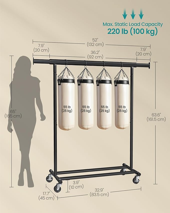 SONGMICS Clothes Rack with Wheels, Heavy-Duty Clothing Rack for Hanging Clothes, Portable, 17.7 x (36.2-52) x 63.6 Inches, with Extendable Rail, 220 lb Load Capacity, Black UHSR13BKV1
