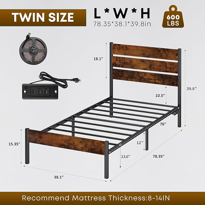 Twin Bed Frame with Headboard,Heavy Duty LED Bed Frame with USB Charging Station,Mattress Foundation-Under Bed Storage, No Box Spring Needed, Noise Free,Brown
